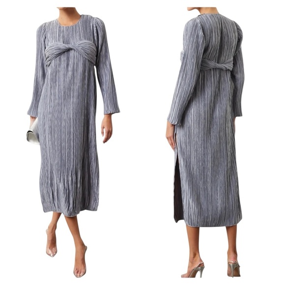 NWT Marina Moscone Metallic Silver Blue Plissé Sheath Midi Dress Twist Detail Si - Picture 1 of 7
